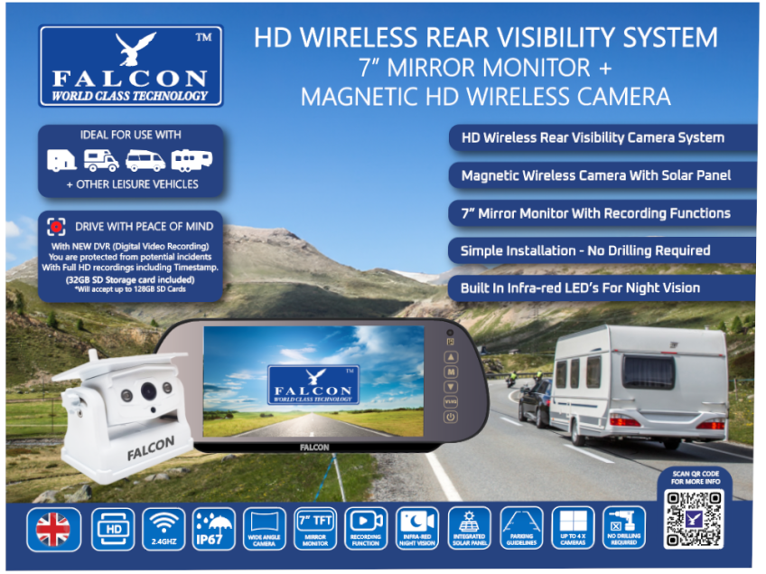 Falcon HD Magnetic Wireless Camera System + 7″ Mirror Monitor With DVR Recording Function