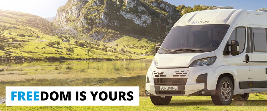 Are Sun Living Motorhomes Good? - Freedom is Yours Text with Campervan